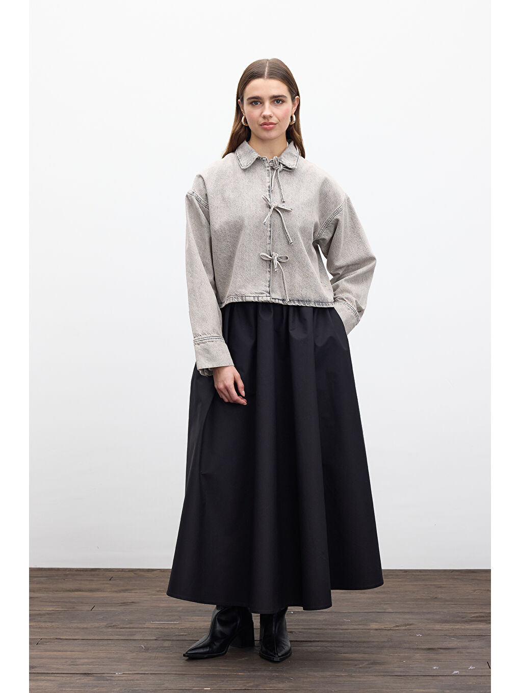 Bağcıklı Denim Bluz Antrasit-4