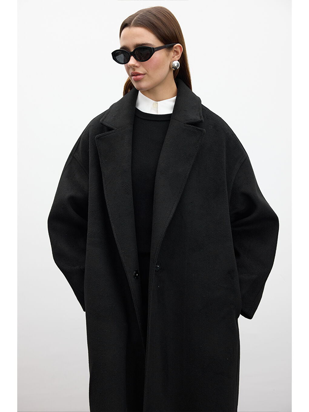 Düz Kapama Kaşe Kaban Siyah-6