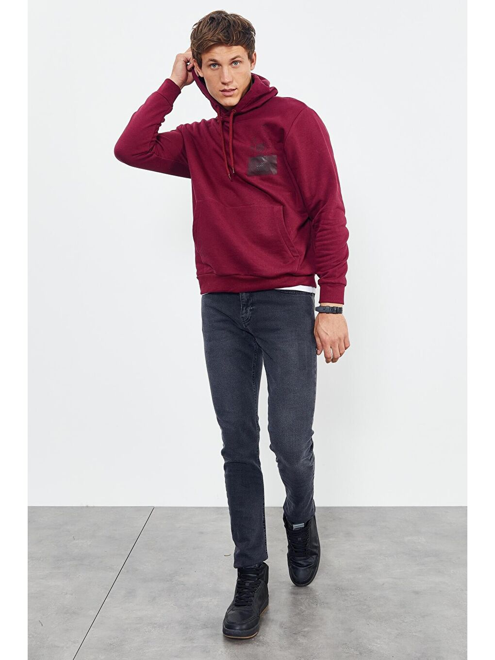 TOMMYLIFE Bordo Erguvan Ön Ve Sırt Baskılı Kapüşonlu Rahat Form Erkek Sweatshirt - 88017 - 3