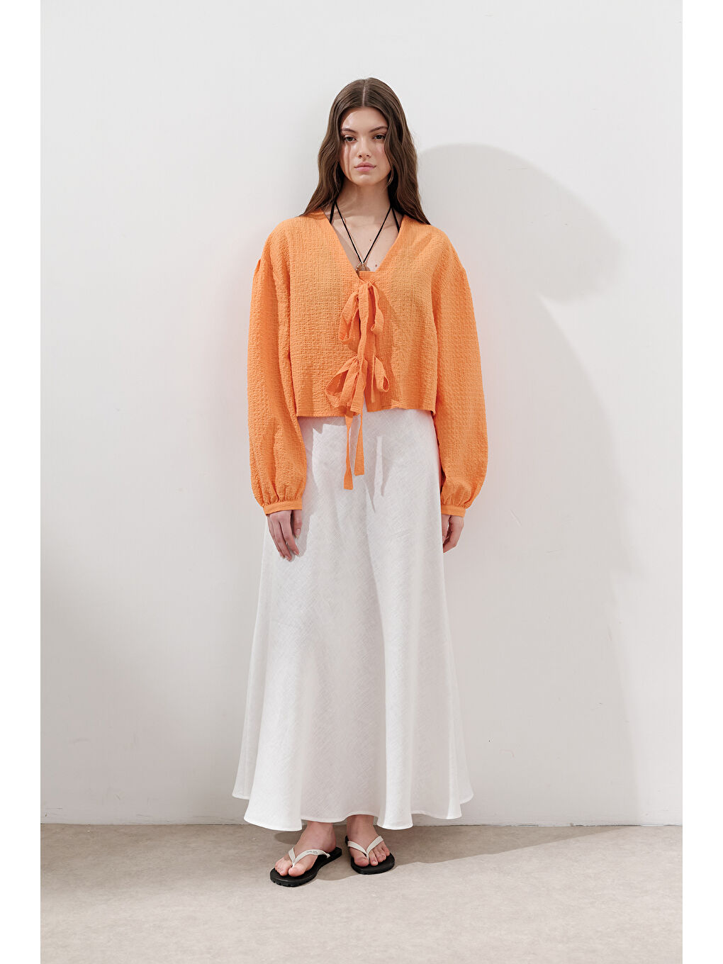 Dokulu Bağcıklı Bluz Turuncu-1