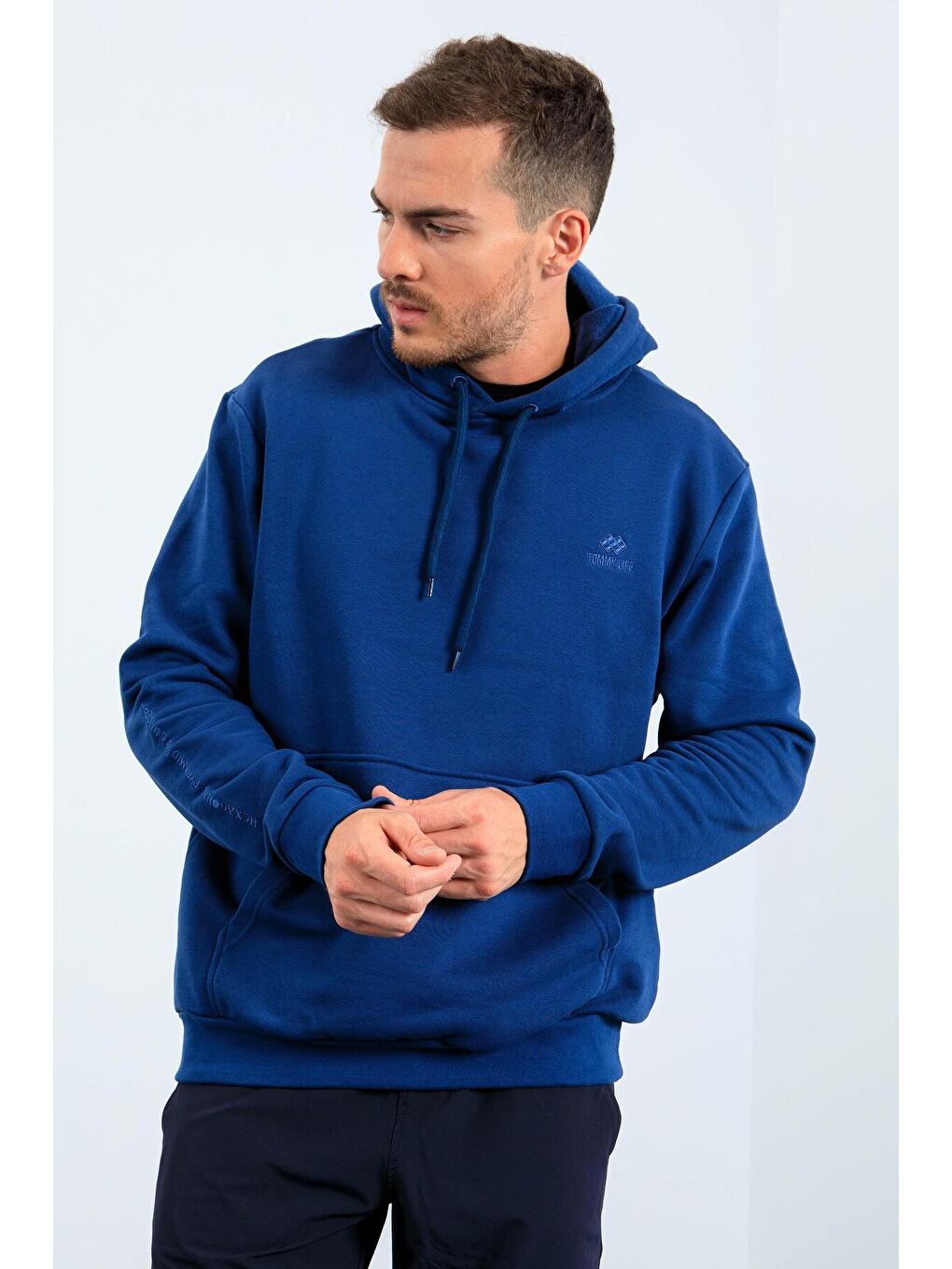 İndigo Kanguru Cep Kapüşonlu Rahat Form Erkek Sweatshirt - 88013-2