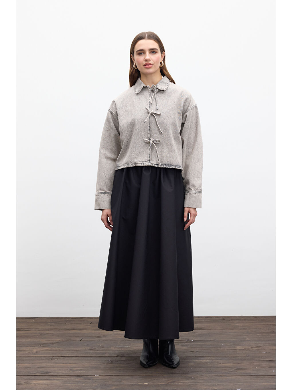 Bağcıklı Denim Bluz Antrasit-5