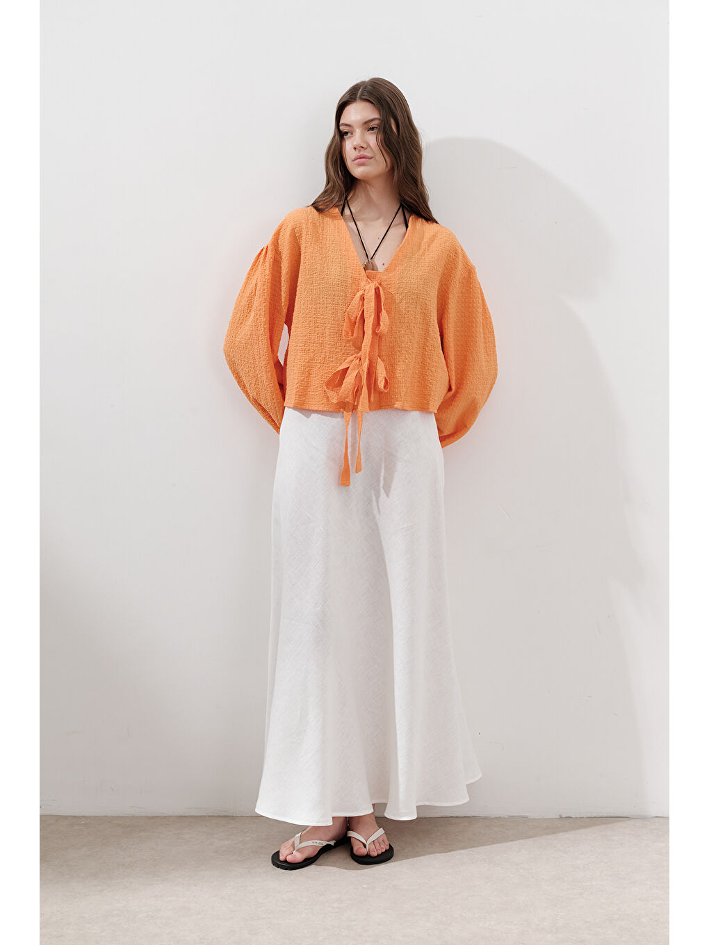 Dokulu Bağcıklı Bluz Turuncu-2