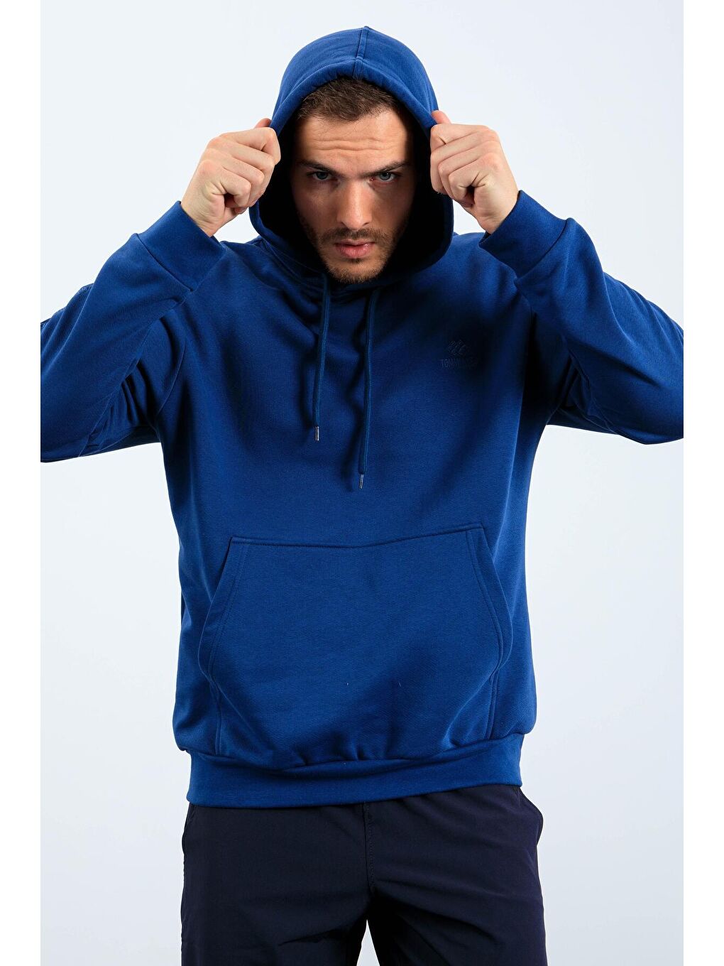 İndigo Kanguru Cep Kapüşonlu Rahat Form Erkek Sweatshirt - 88013-4