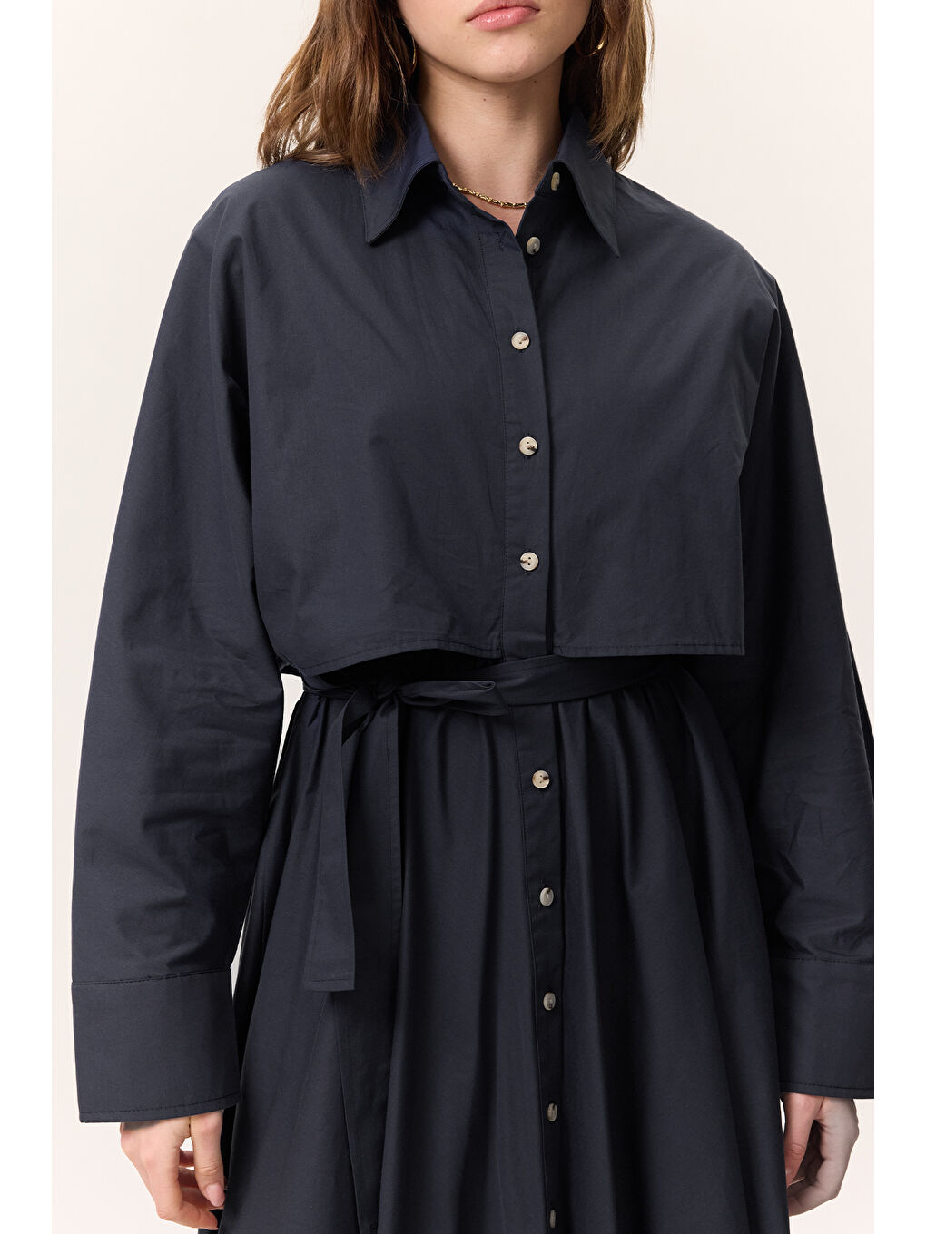 Trenç Tarz Gömlek Elbise Lacivert-1