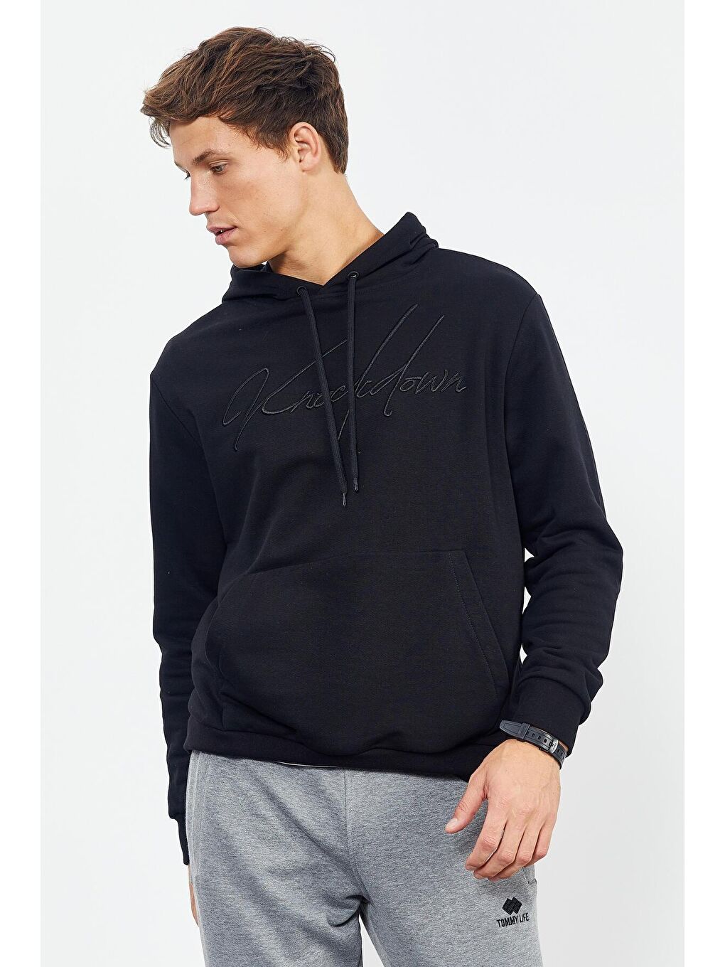 Siyah El Yazısı Nakışlı Kapüşonlu Rahat Form Erkek Sweatshirt - 88007