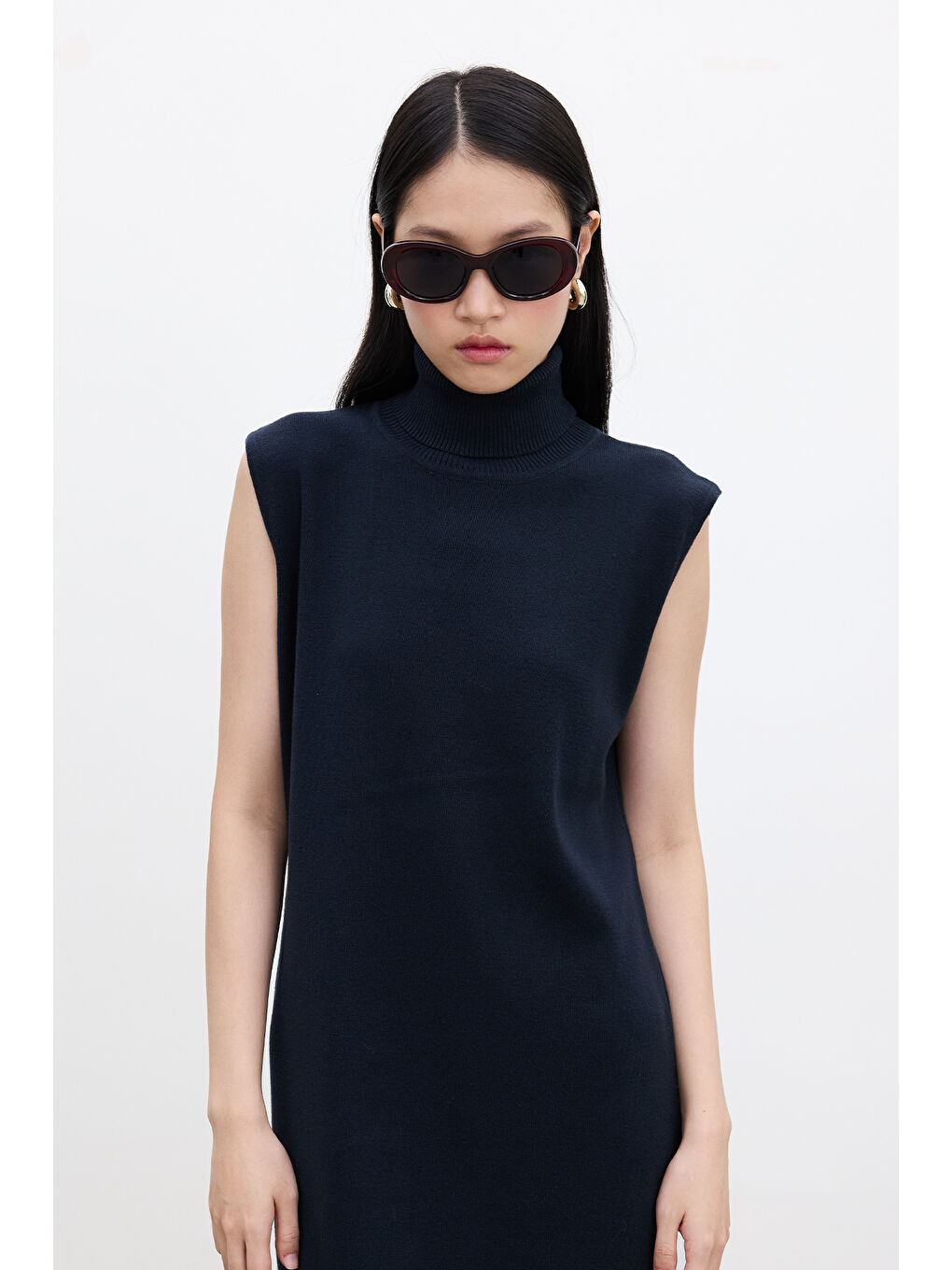 Kolsuz Yüksek Yaka Triko Elbise Lacivert-2