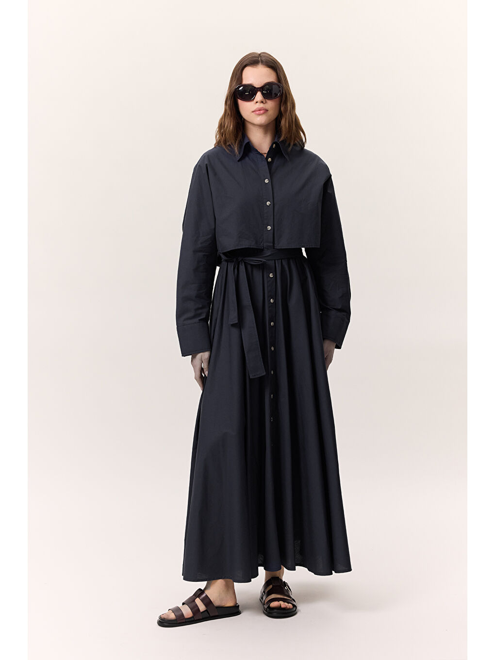 Trenç Tarz Gömlek Elbise Lacivert-2