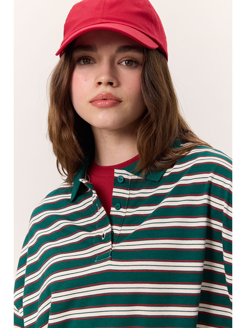 Polo Yaka Çizgili Sweatshırt Yeşil