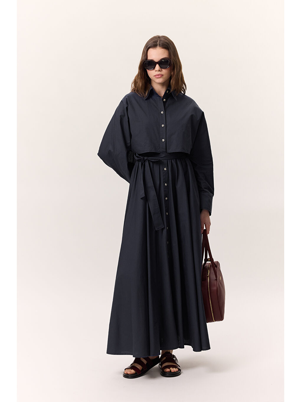 Trenç Tarz Gömlek Elbise Lacivert-4