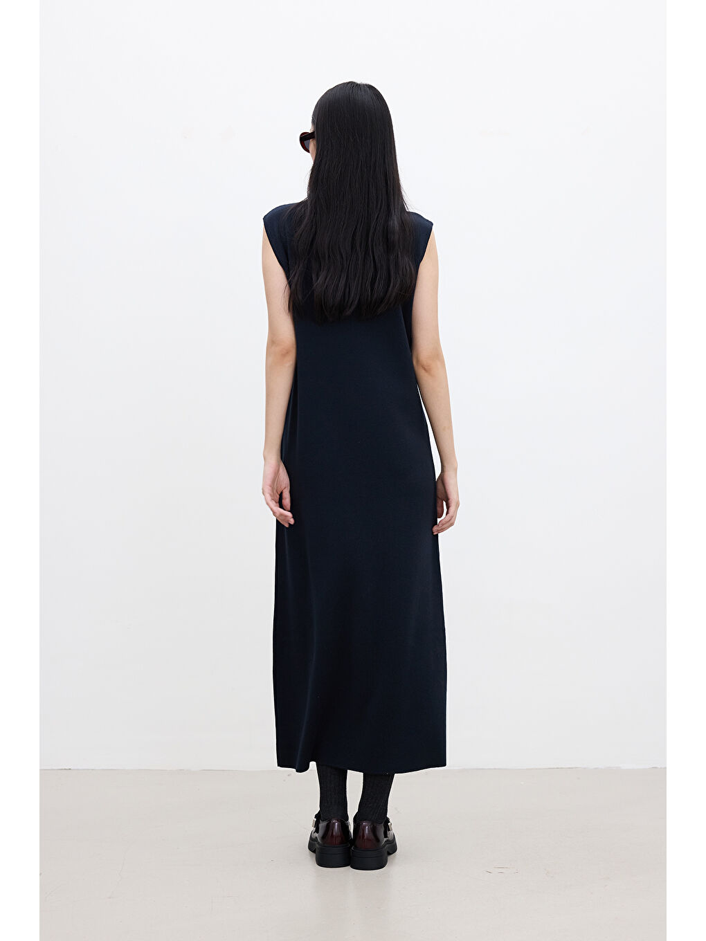 Kolsuz Yüksek Yaka Triko Elbise Lacivert-6