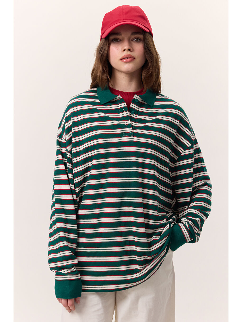 Polo Yaka Çizgili Sweatshırt Yeşil-1