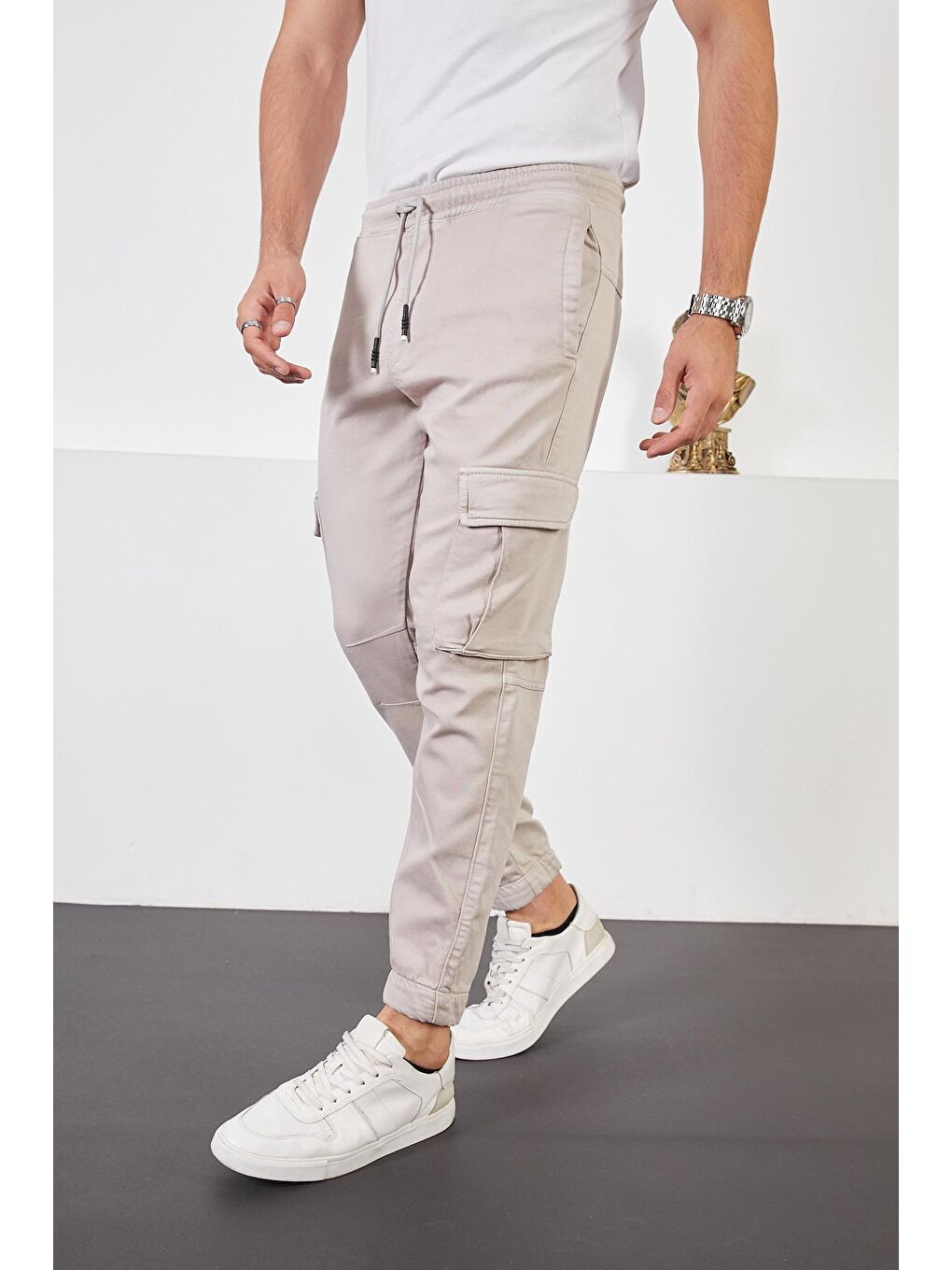 Bej Erkek Taş Beli ve Paçası Lastikli Kargo Cep Jogger Pantolon
