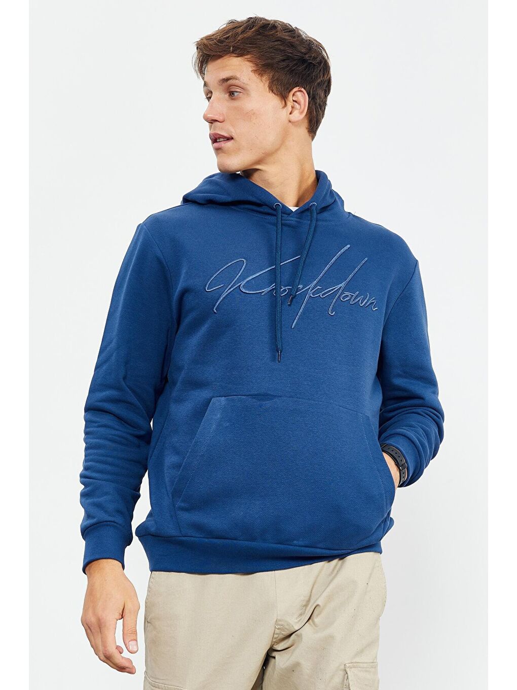 TOMMYLIFE İndigo El Yazısı Nakışlı Kapüşonlu Rahat Form Erkek Sweatshirt - 88007