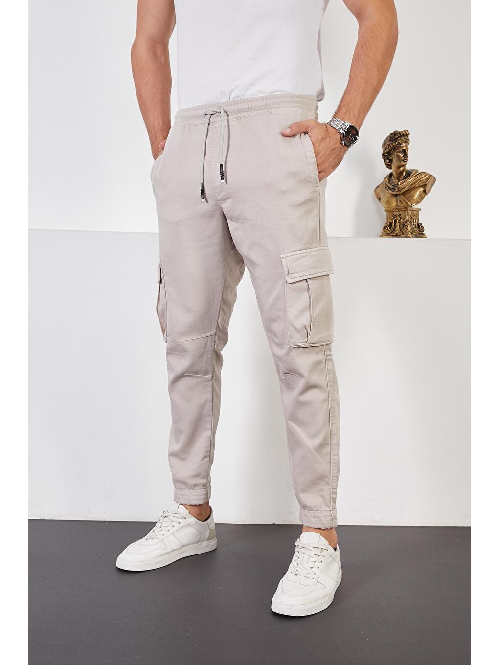 Bej Erkek Taş Beli ve Paçası Lastikli Kargo Cep Jogger Pantolon-1