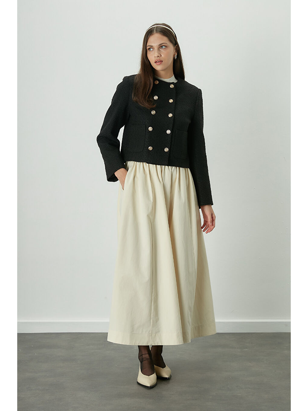 Bej Katy Gabardin Büzgülü Etek Vanilya-2