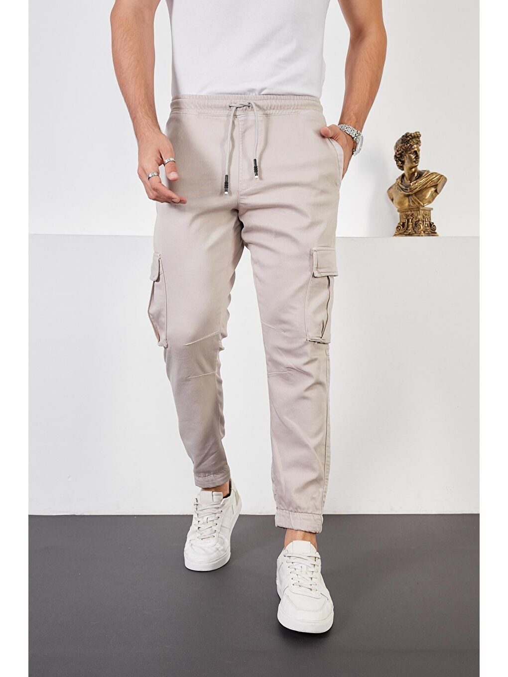 Bej Erkek Taş Beli ve Paçası Lastikli Kargo Cep Jogger Pantolon-2