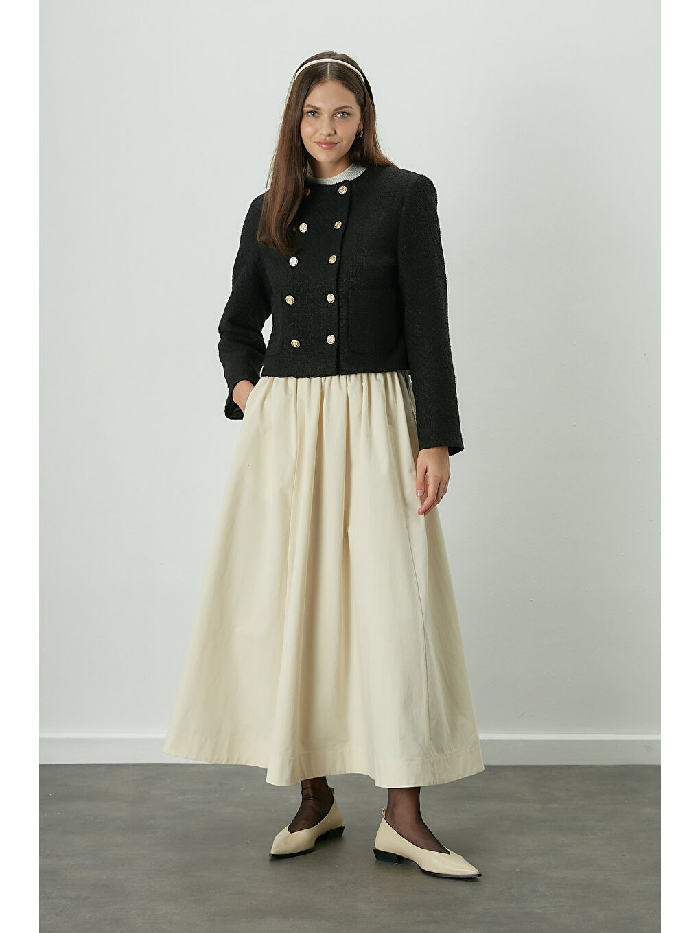 Bej Katy Gabardin Büzgülü Etek Vanilya-4