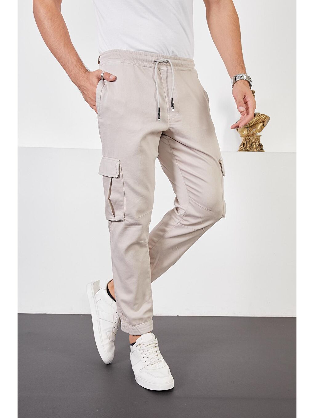 Bej Erkek Taş Beli ve Paçası Lastikli Kargo Cep Jogger Pantolon-3