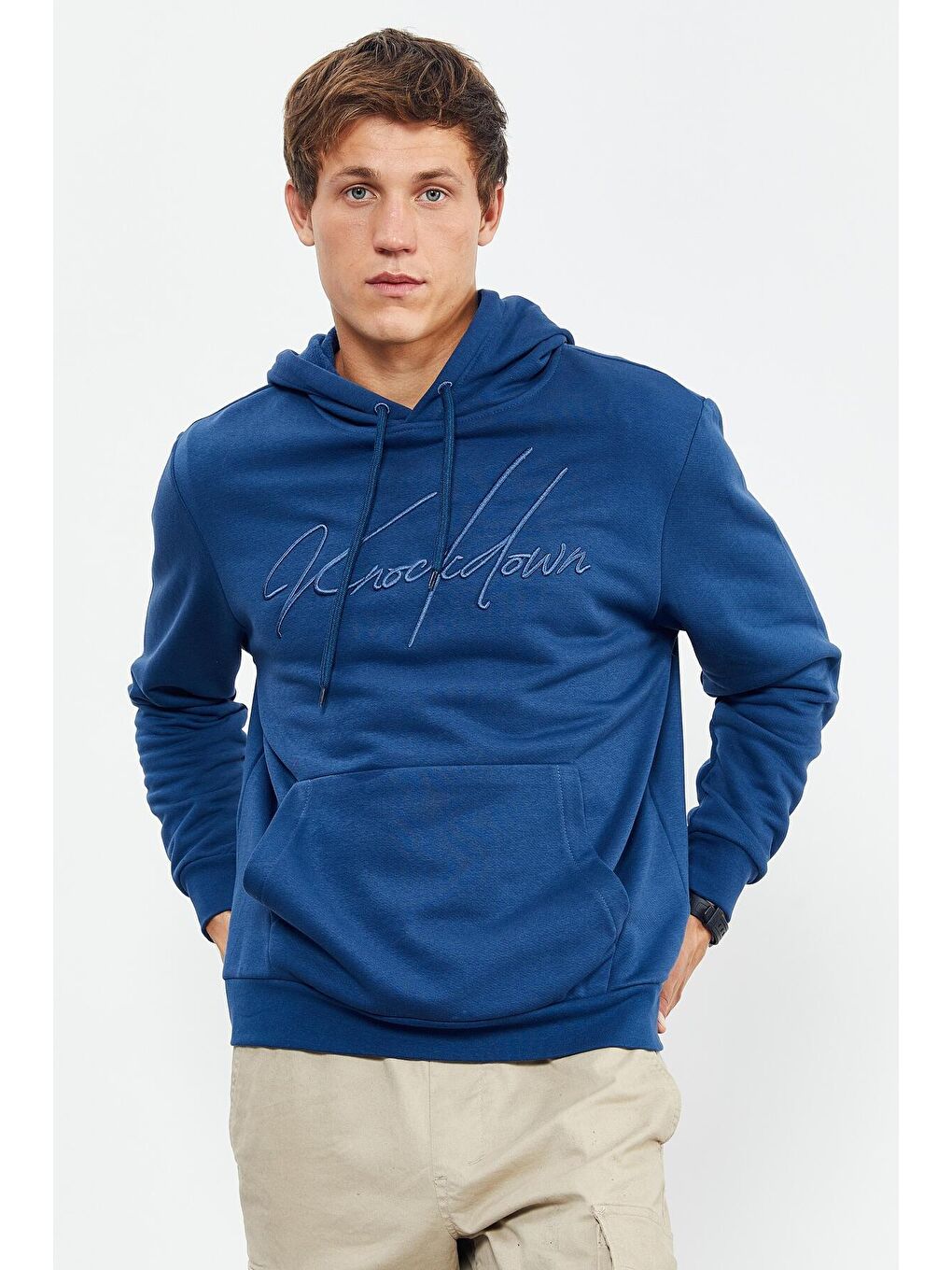 TOMMYLIFE İndigo El Yazısı Nakışlı Kapüşonlu Rahat Form Erkek Sweatshirt - 88007 - 2