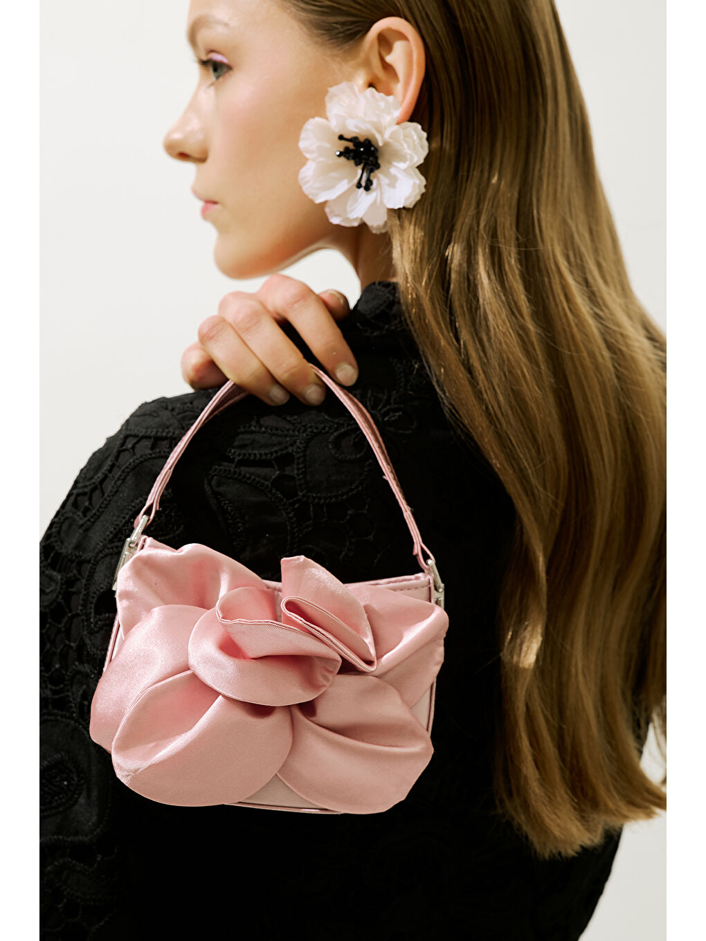 Pembe Çiçekli Saten Abiye Mini Çanta Pudra-1