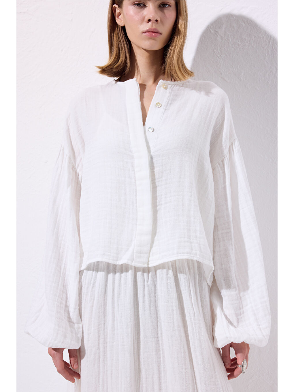 Müslin Balon Kol Kısa Bluz Ekru-2