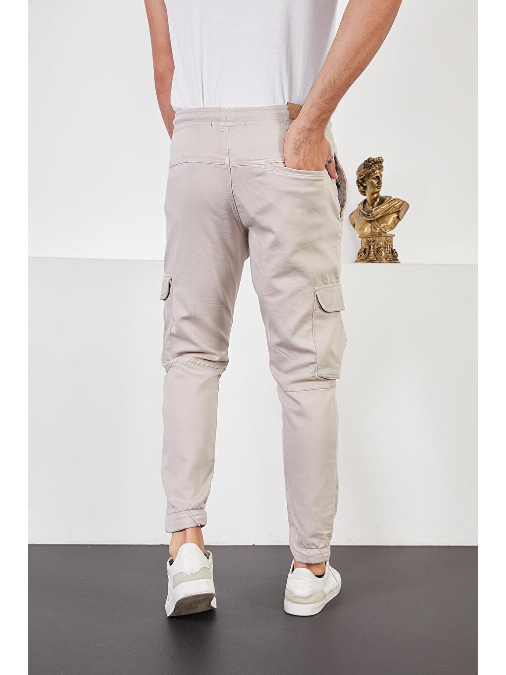 Bej Erkek Taş Beli ve Paçası Lastikli Kargo Cep Jogger Pantolon-4