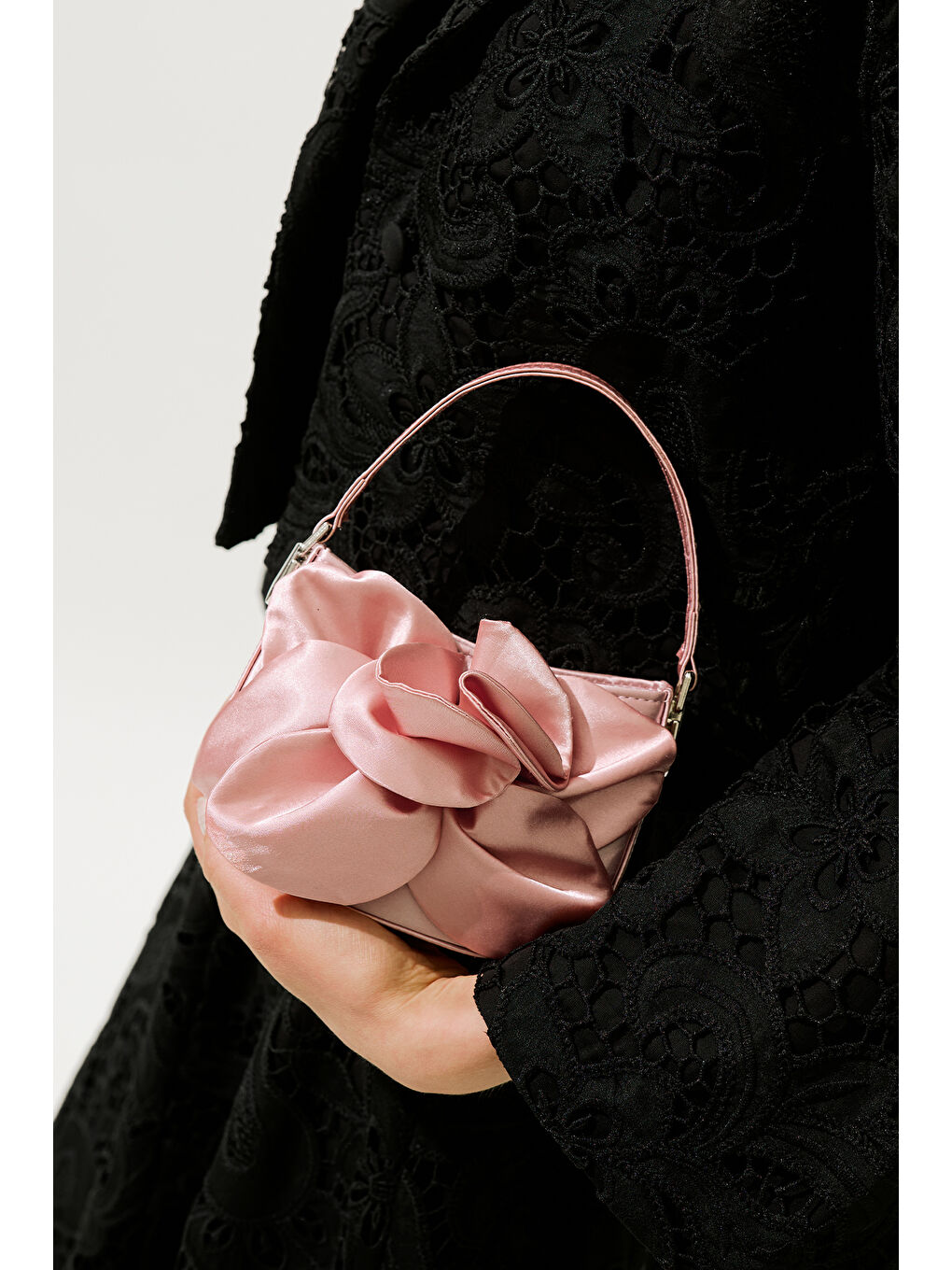 Pembe Çiçekli Saten Abiye Mini Çanta Pudra-2