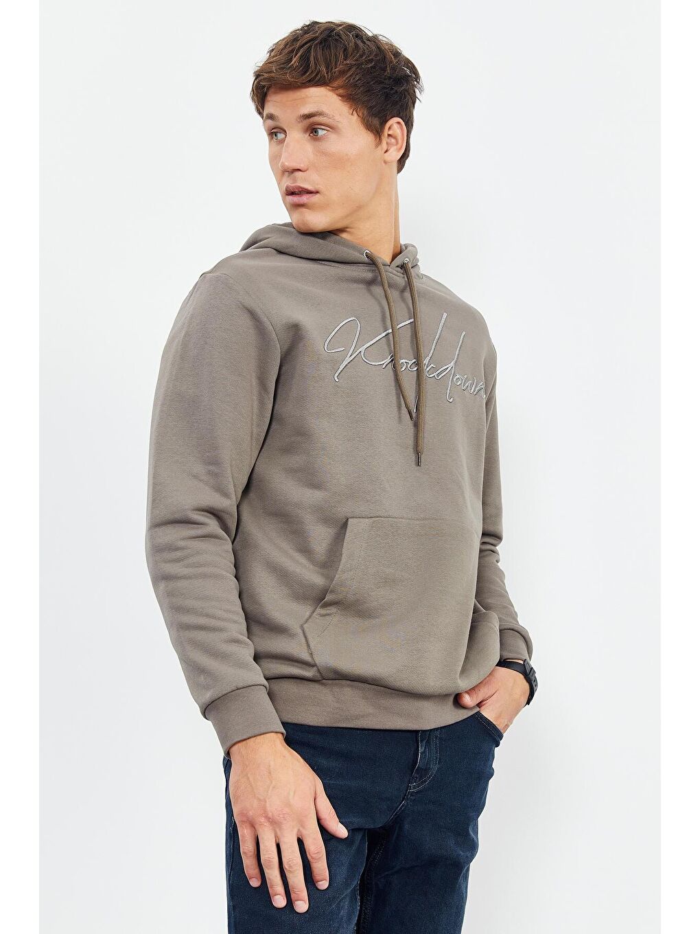 Kahverengi Camel El Yazısı Nakışlı Kapüşonlu Rahat Form Erkek Sweatshirt - 88007