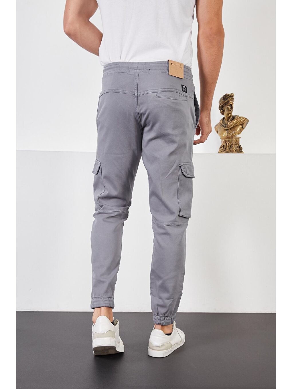 Erkek Antrasit Beli ve Paçası Lastikli Kargo Cep Jogger Pantolon-3