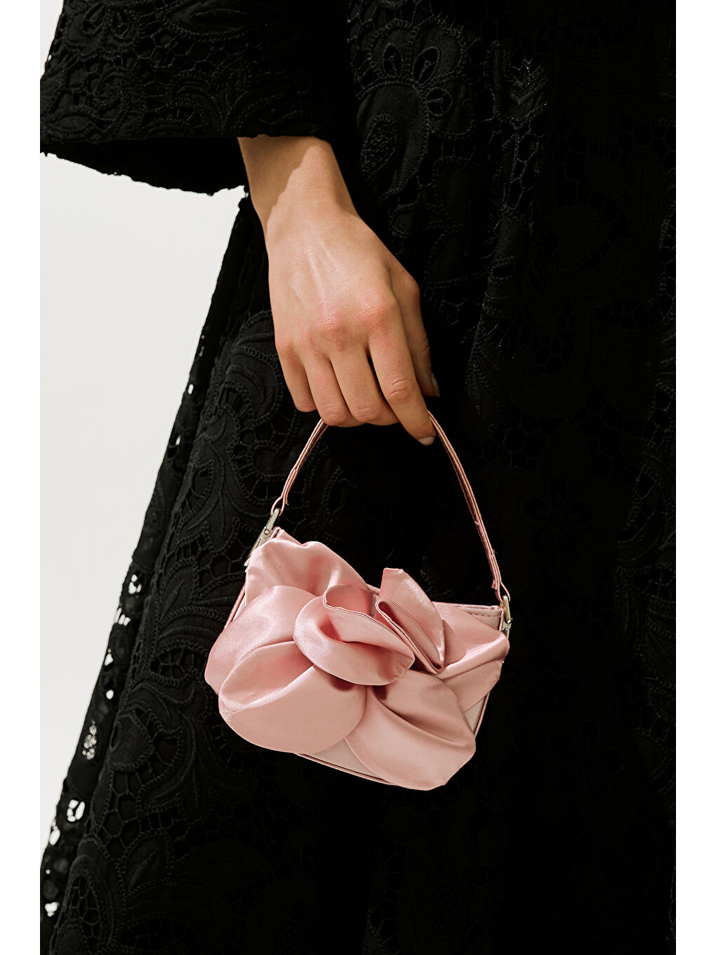 Pembe Çiçekli Saten Abiye Mini Çanta Pudra-3