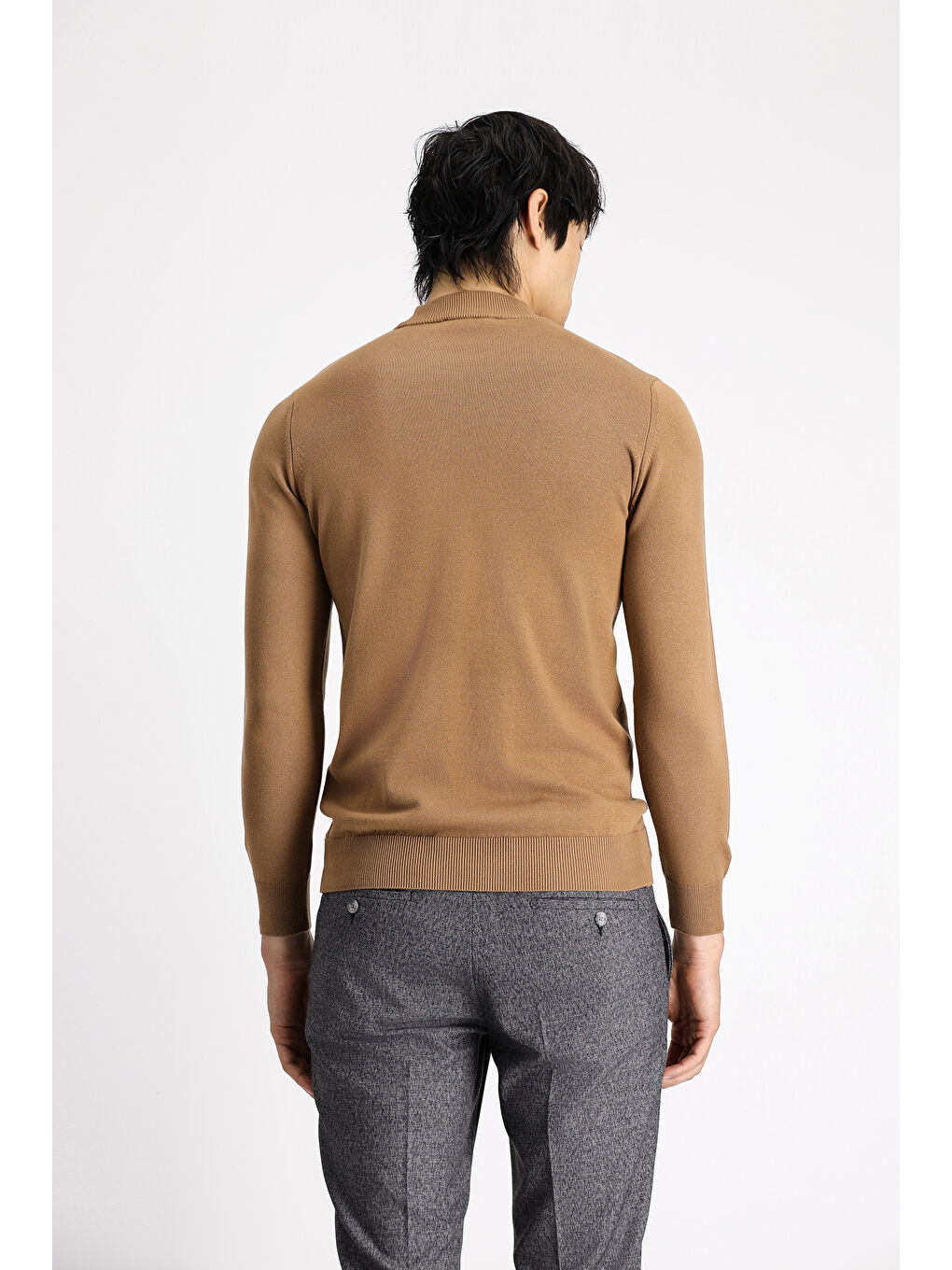 Kahverengi Bato Yaka Regular Fit Pamuklu Triko Büyük Beden Kazak-3