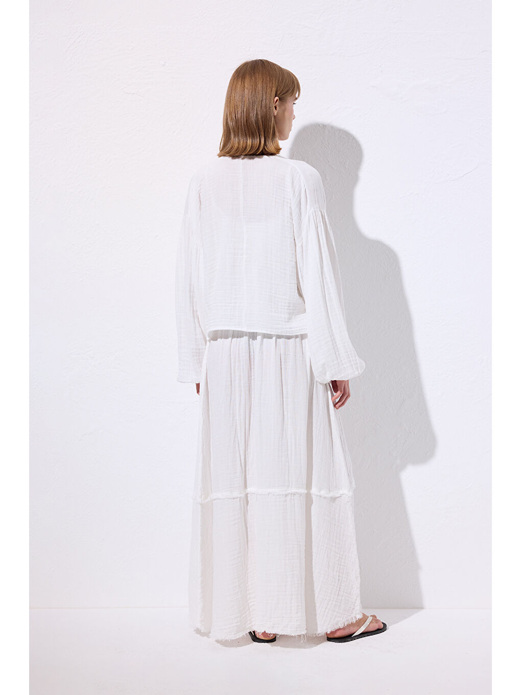 Müslin Balon Kol Kısa Bluz Ekru-4