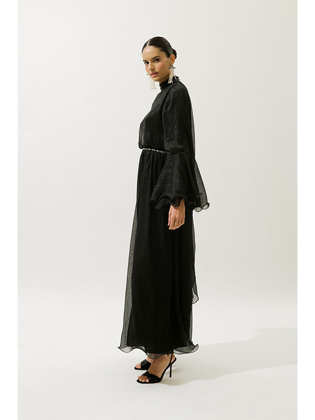 Geniş Kol Volanlı Elbise Siyah-4