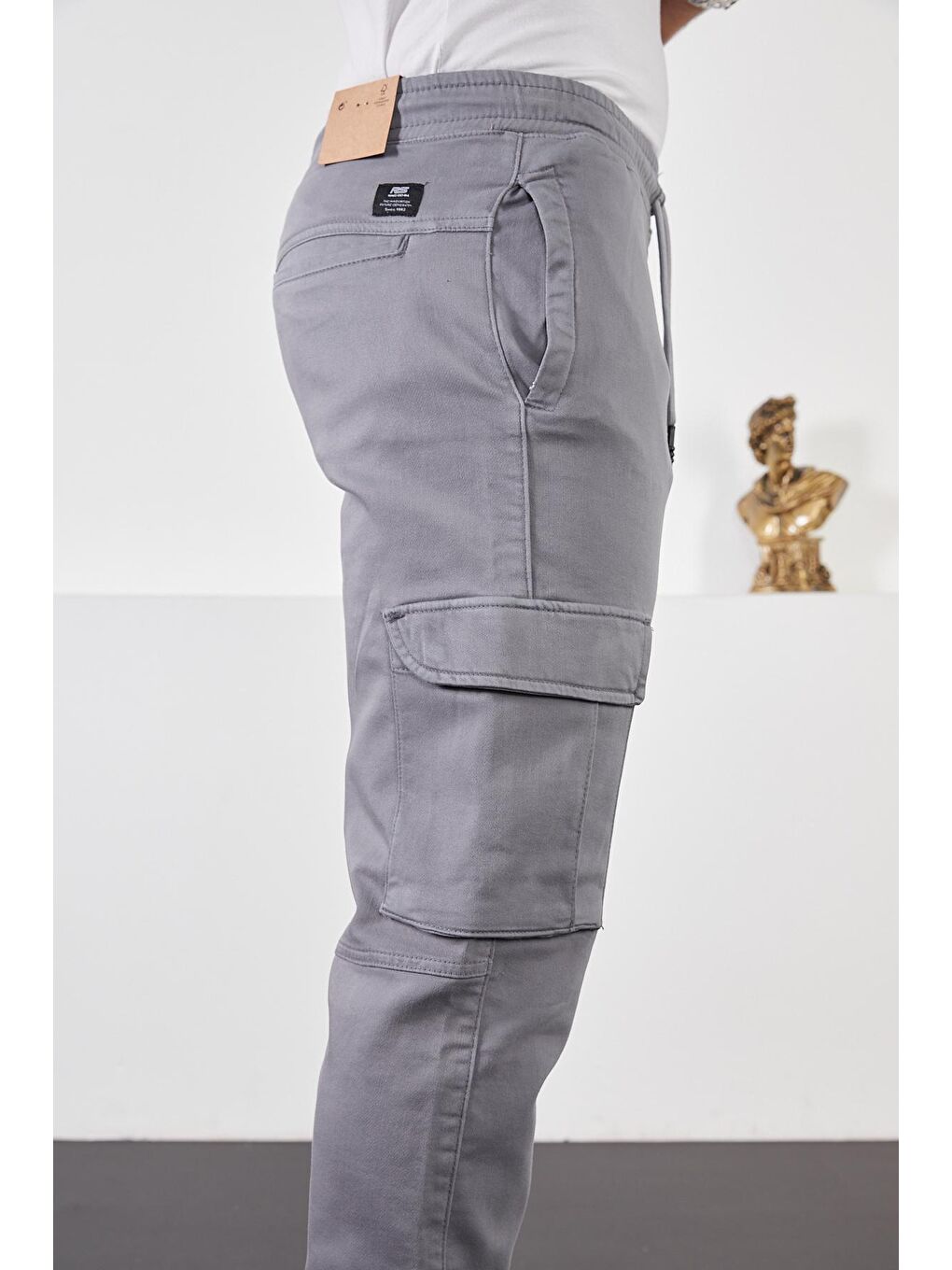 Erkek Antrasit Beli ve Paçası Lastikli Kargo Cep Jogger Pantolon-4