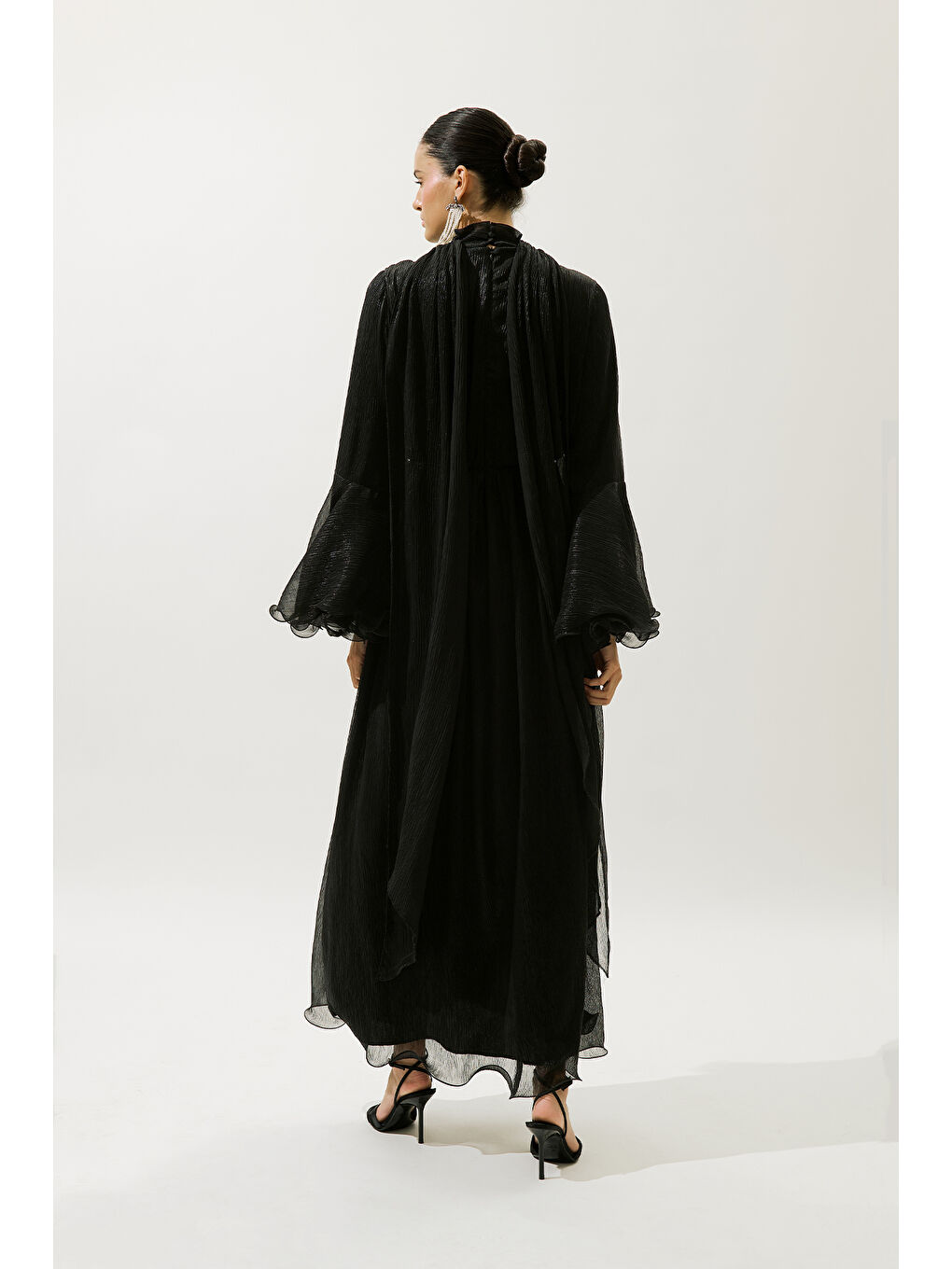 Geniş Kol Volanlı Elbise Siyah-5