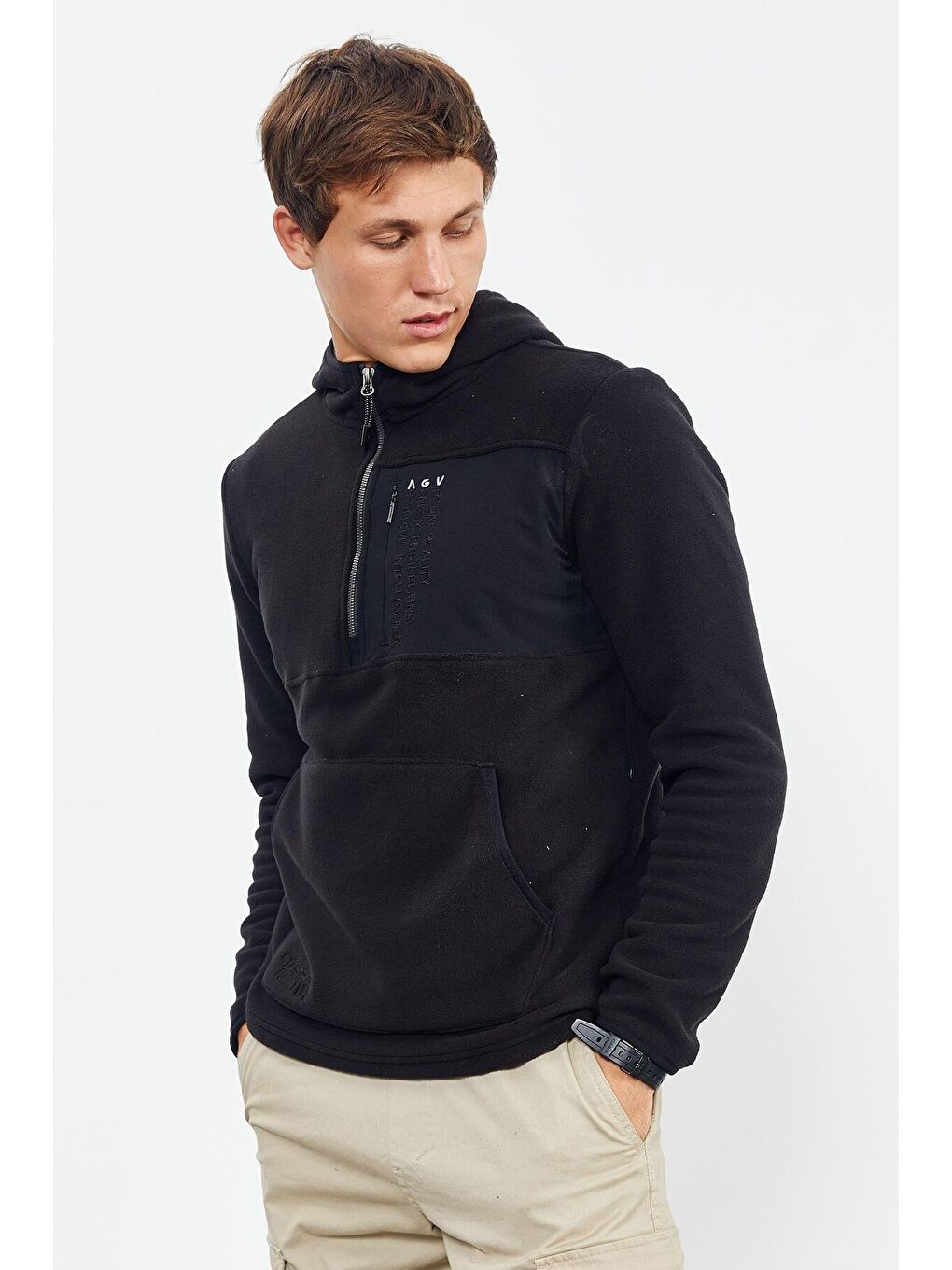 Siyah Nakışlı Yarım Fermuar Kapüşonlu Standart Kalıp Erkek Polar Sweatshirt - 87996