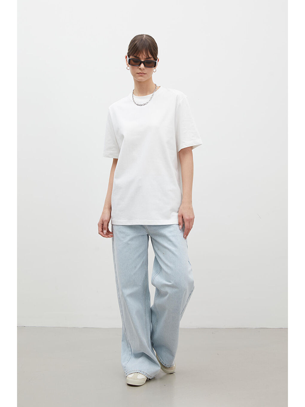 Kısa Kollu Fit Pamuklu Tişört Ekru-1