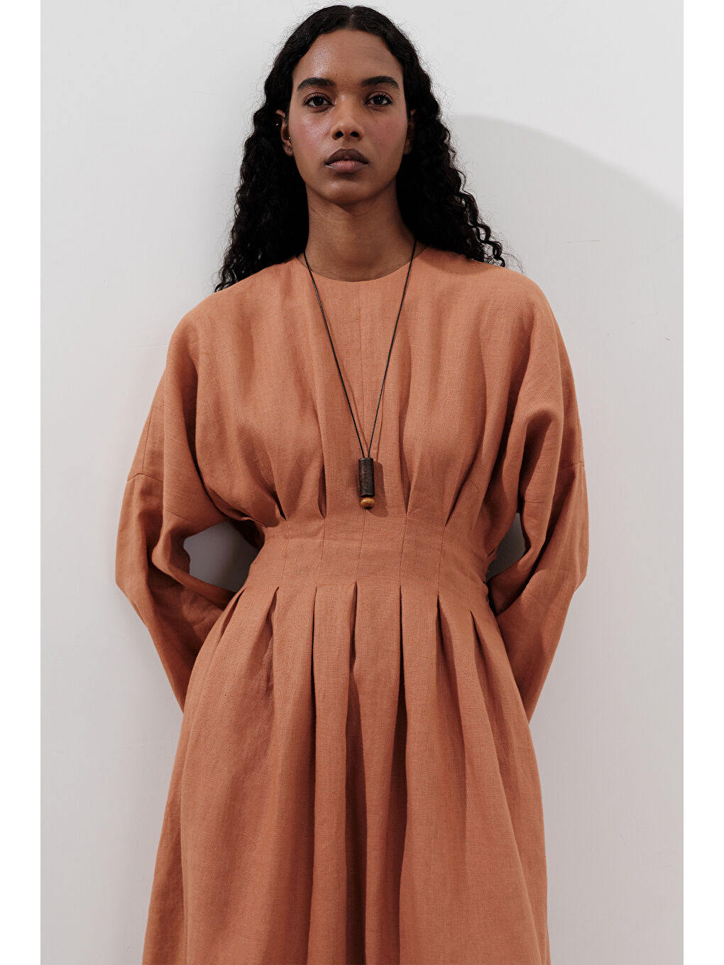 Keten Pile Detaylı Elbise Turuncu-1