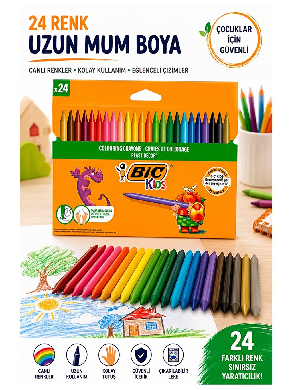 Mum Boya 24 Lü 1 Paket Bic 24 Renk Mumboya Elleri Kirletmeyen Yıkanabilir Silinebilir Plastidecor
