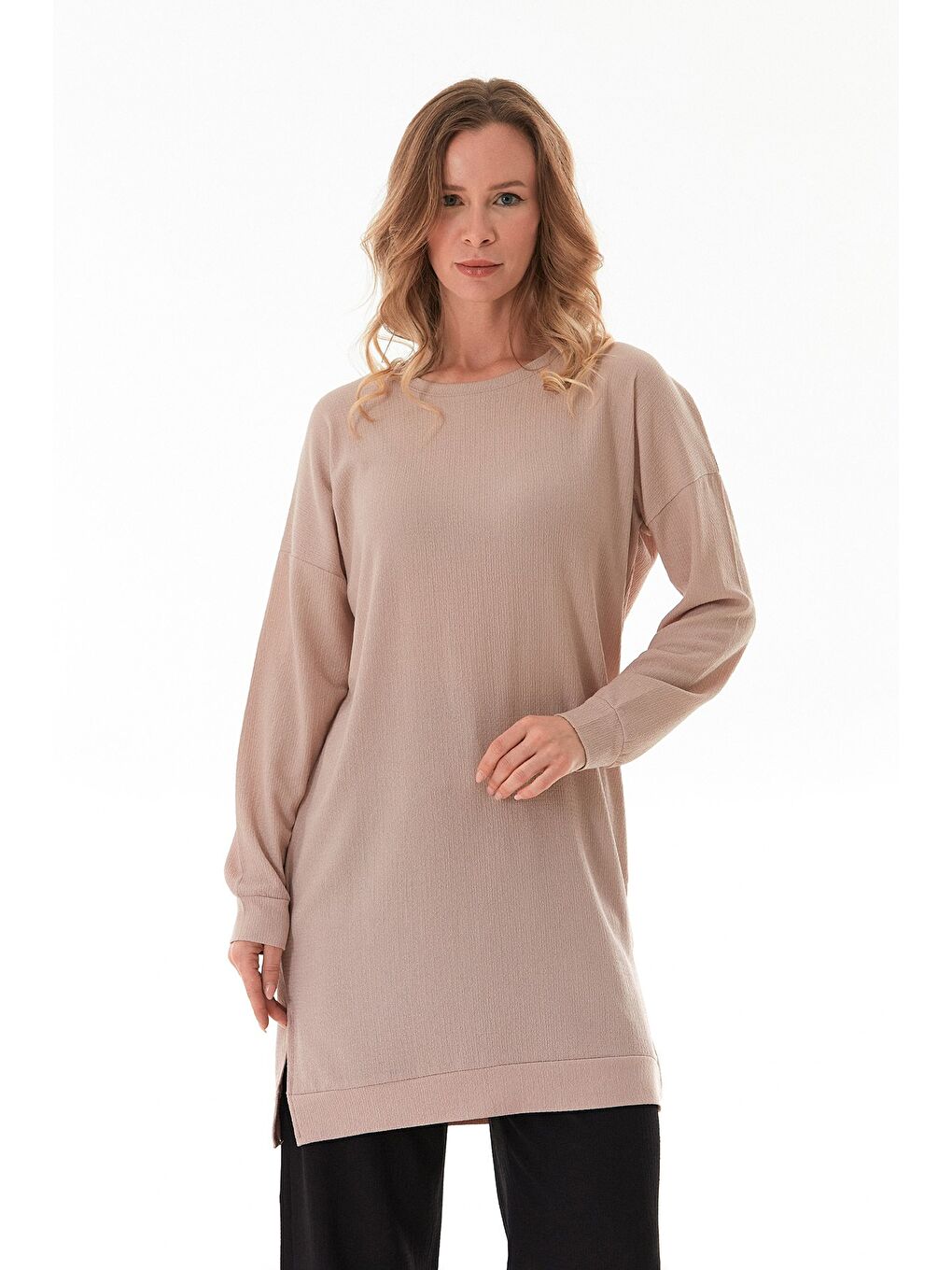 Bej Bürümcük Kumaş Yanları Yırtmaçlı Bisiklet Yaka Tunik