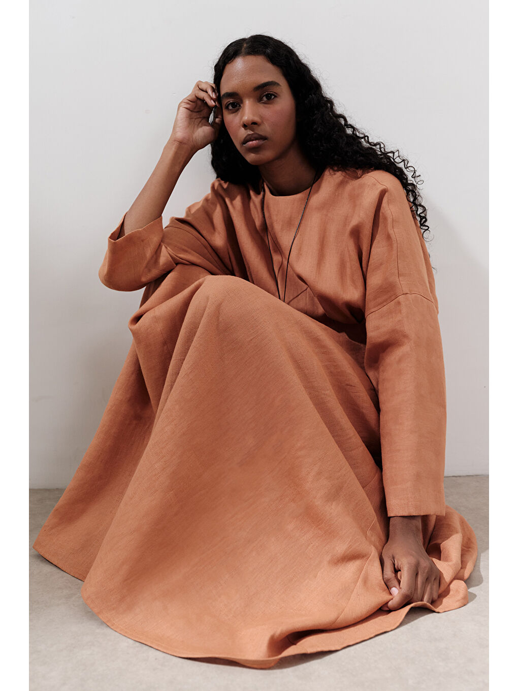 Keten Pile Detaylı Elbise Turuncu-2