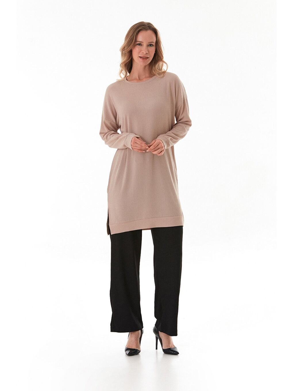 Bej Bürümcük Kumaş Yanları Yırtmaçlı Bisiklet Yaka Tunik-2