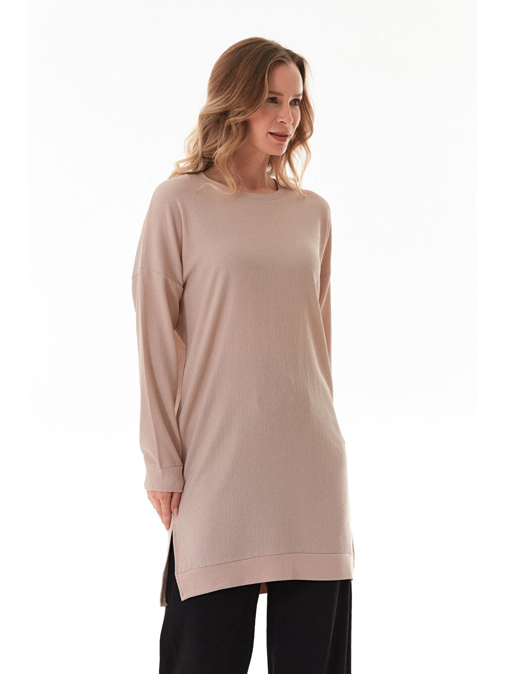 Bej Bürümcük Kumaş Yanları Yırtmaçlı Bisiklet Yaka Tunik-3