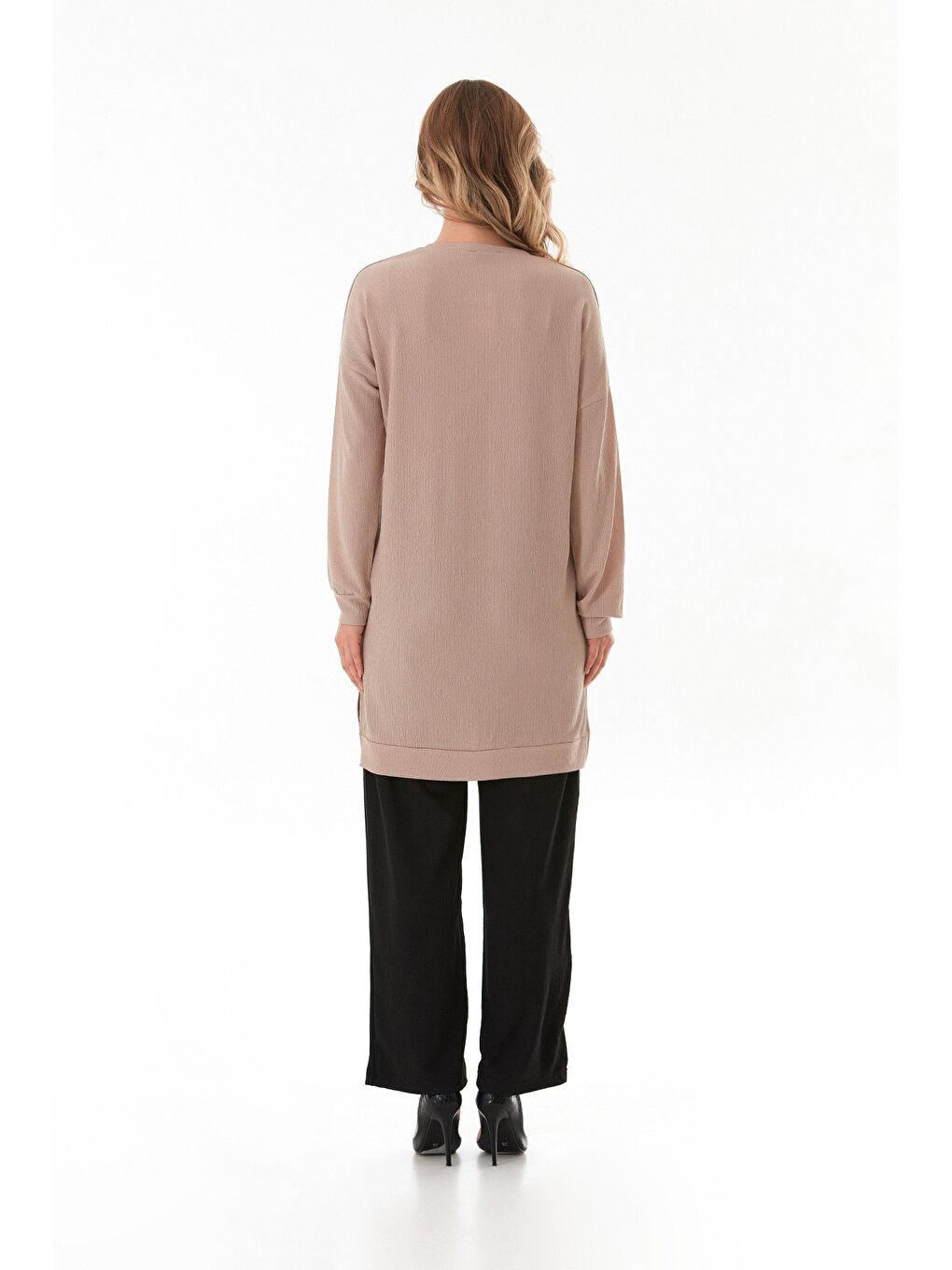 Bej Bürümcük Kumaş Yanları Yırtmaçlı Bisiklet Yaka Tunik-4