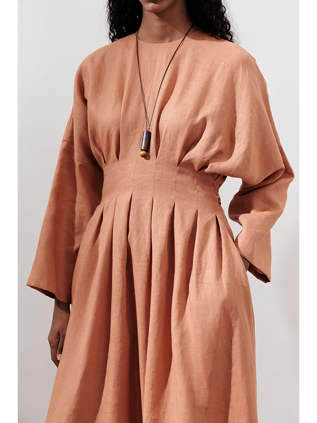 Keten Pile Detaylı Elbise Turuncu-3