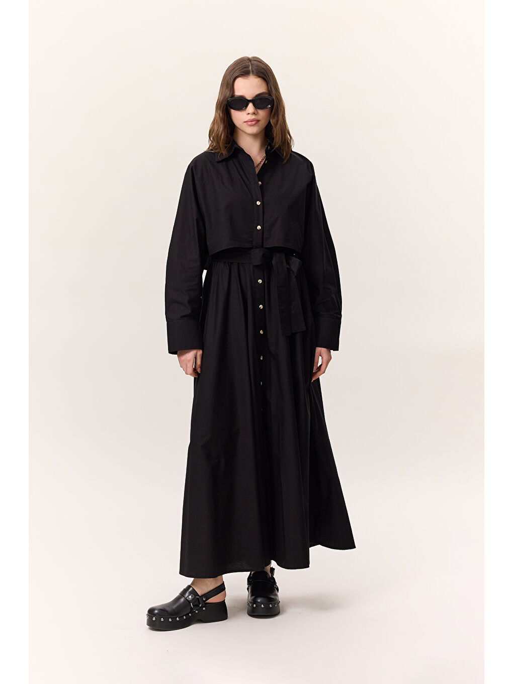 Trenç Tarz Gömlek Elbise Siyah-1