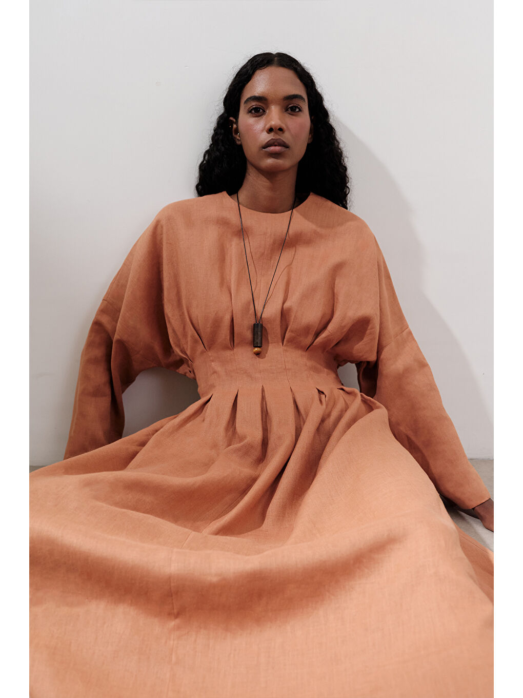 Keten Pile Detaylı Elbise Turuncu-4