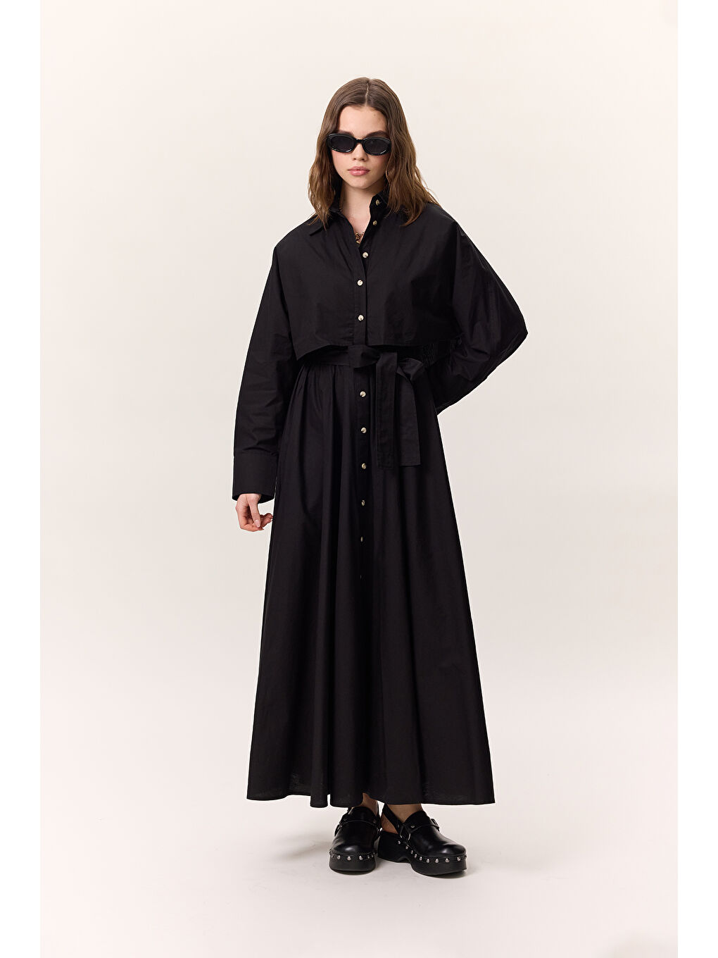 Trenç Tarz Gömlek Elbise Siyah-2