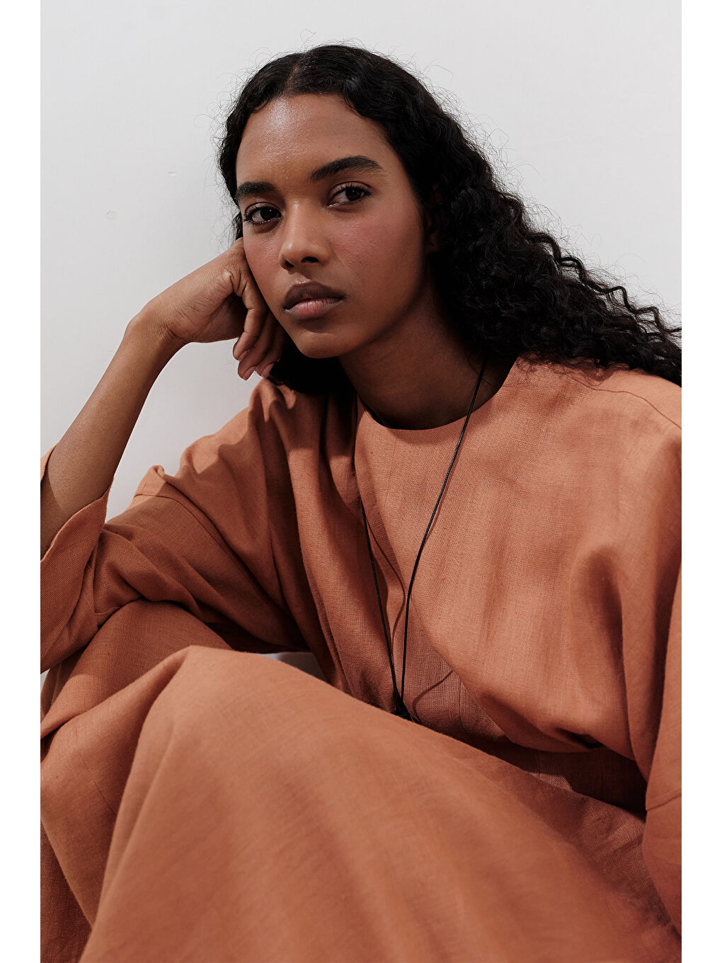 Keten Pile Detaylı Elbise Turuncu-5